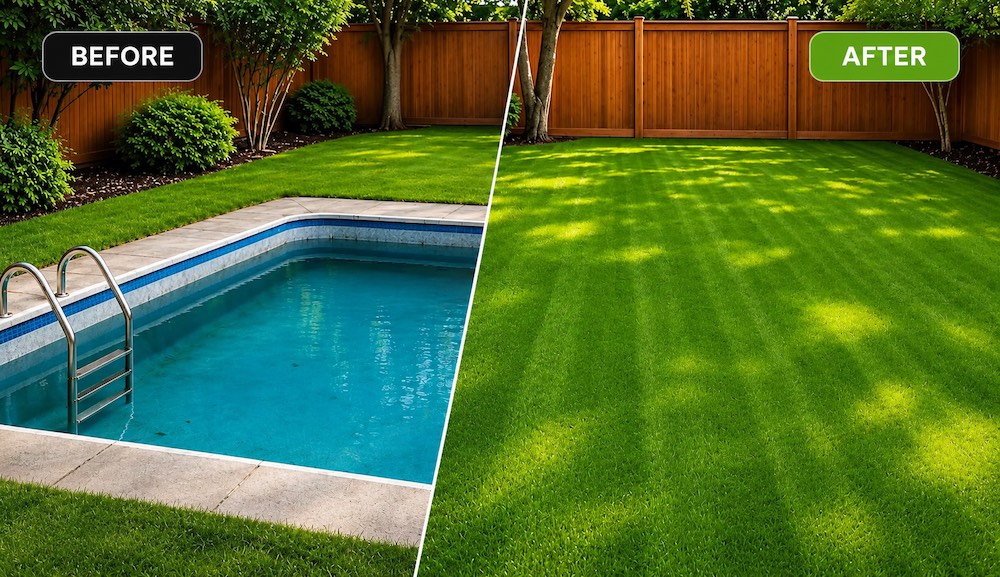 Before and after view of a swimming pool replaced with green lawn